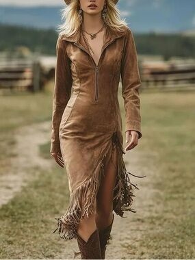 Western Women's Brown Suede Fringe Long-Sleeve Midi Dress